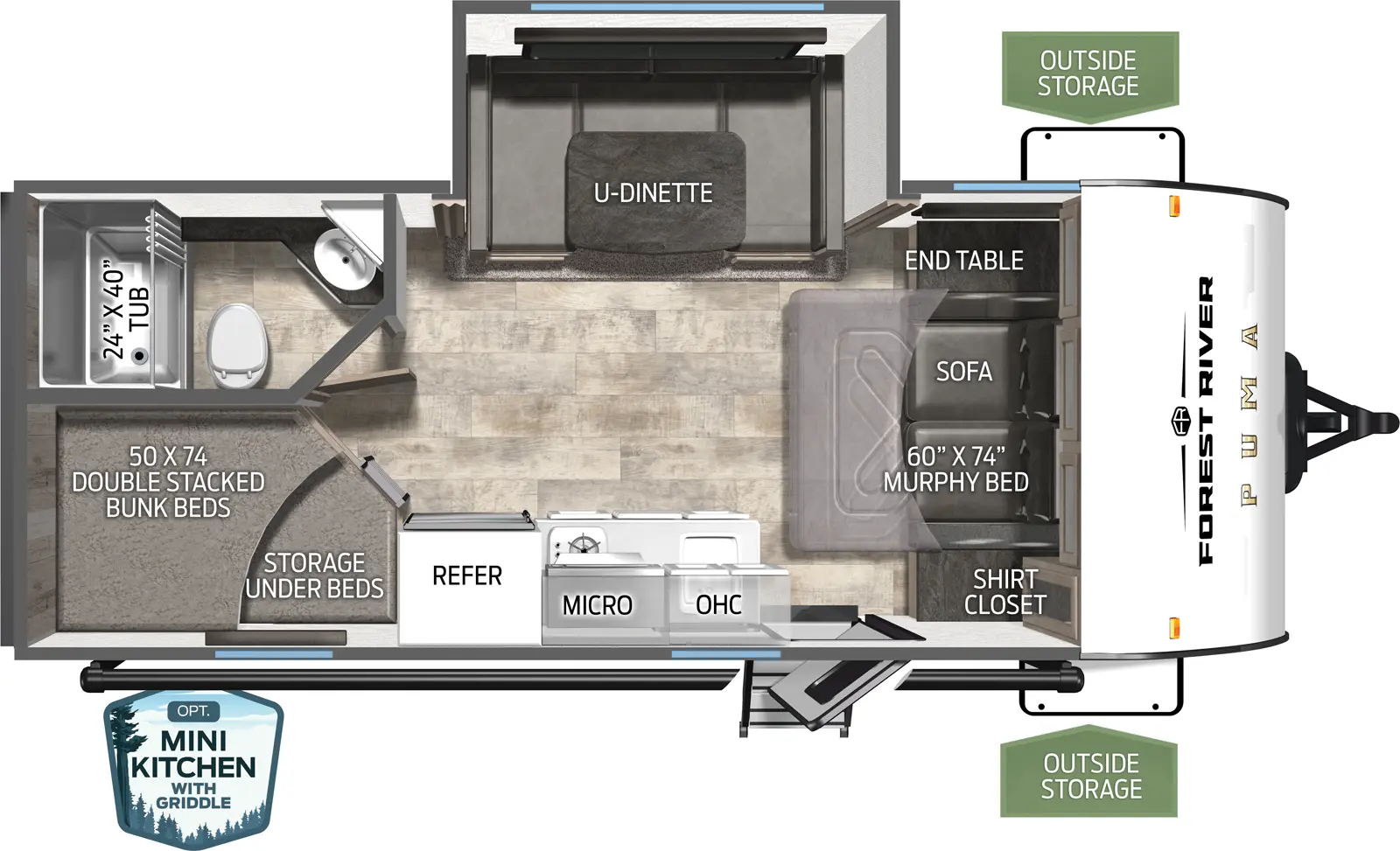 The Puma Ultra Lite 18BHX floorplan has one entry and one slide out. Exterior features include: metal exterior, 16' awning and outside kitchen. Interiors features include: bunk beds, u-dinette and murphy bed.